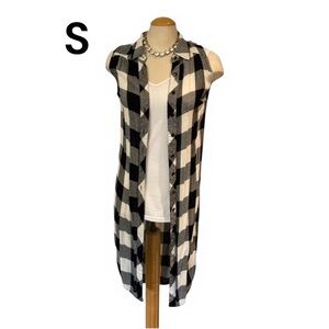 STELLA TWEED Long Vest/Shirt/Dress Sz Sm Plaid Black Grey White Hi Low